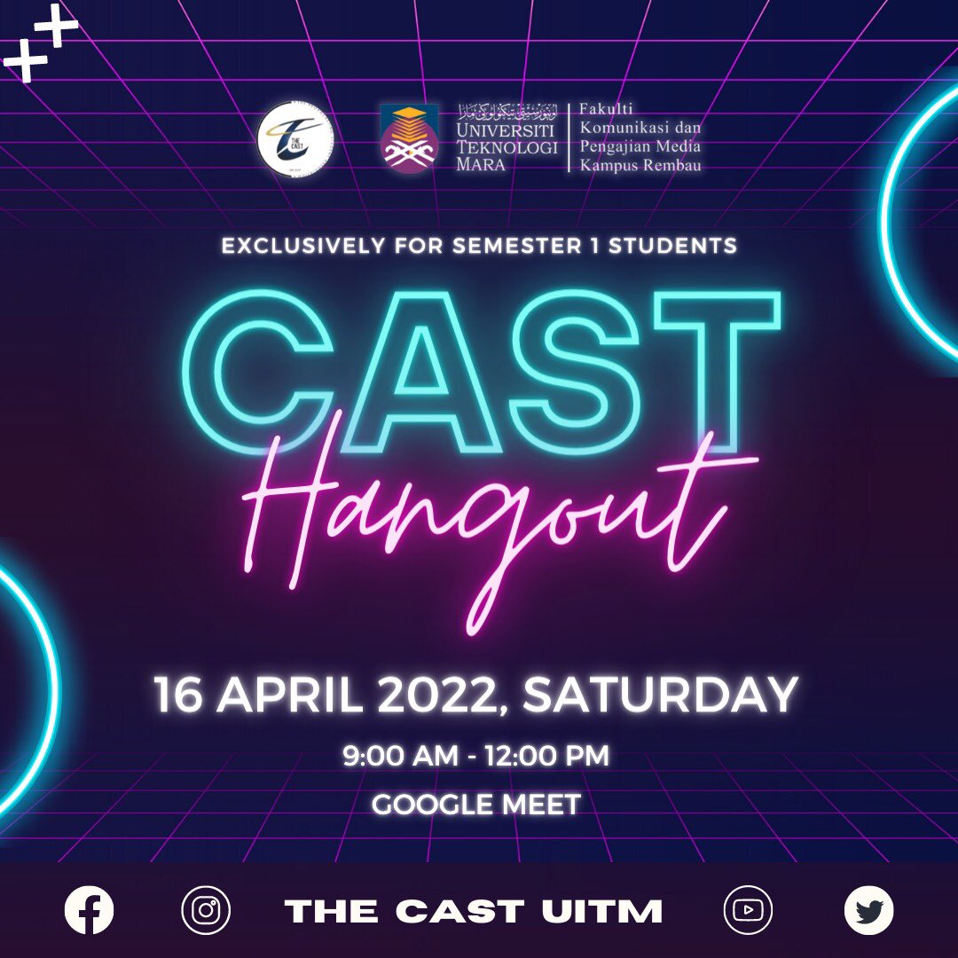 CAST_UiTM's tweet photo. Assalamualaikum dan salam sejahtera, The CAST dengan terujanya ingin mengajak para pelajar semester baharu ini untuk sertai CAST Hangout pada hujung minggu ini.   

Tarikh : 16 April 2022 
Hari : Sabtu Jam : 9 Pagi - 12 Tengahari Platform : Google Meet https://t.co/7PPHWIgOG4