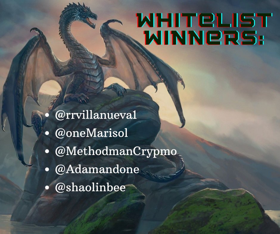 Condragonlations to these 5 for winning Elder Dragon whitelist spots! 🐲
<a href="/rrvillanueva1/">Pepeh</a>
@oneMarisol 
<a href="/MethodmanCrypmo/">Degenerate Flipper</a>
<a href="/Adamandone/">Adam</a> 
@shaolinbee 

DMing you now.

#HarmonyONE #HarmonyNFT