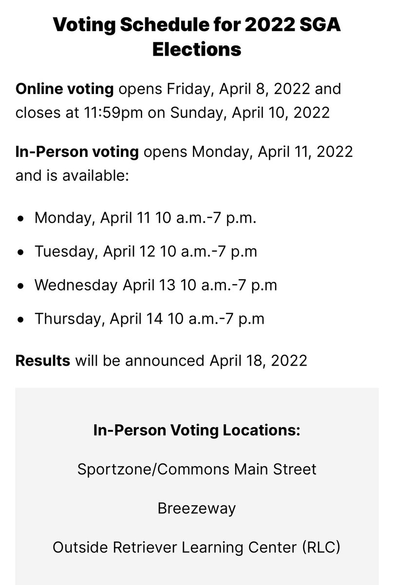 Hey fellow students. Voting for SGA Elections have already started. More information below! Feel free to reach out with any questions. Happy voting!