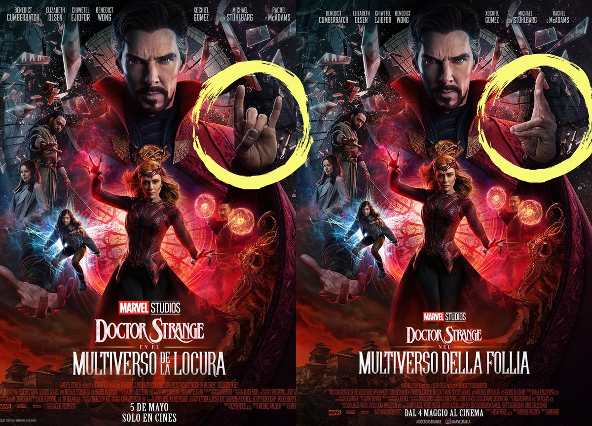 frasesfandomx's tweet photo. ¡Póster de la locura!

El póster oficial de #DoctorStrangeInTheMultiverseOfMadness fue modificado en Italia, esto debido a que es un gesto ofensivo en el país, ya que así se refieren a una persona para decirle "cornudo". https://t.co/BHxm7cyMjt