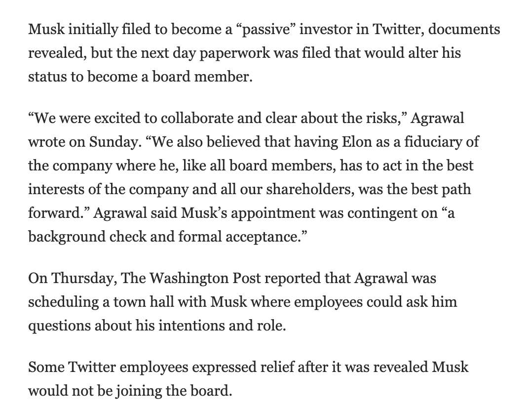 ShirlAAdams's tweet photo. @kathrynresister @Twitter That's what I tweeted the day I heard of Musk's pullout. 👇🏽https://t.co/vu2gAH4LXT
Background checks are SOP for all perspective new Board members NOT just #ElonMusk. Employees have input too! #KeepTwitterSafe https://t.co/cTypi0Pyho