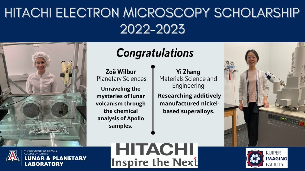 UArizonaLPL's tweet photo. Congratulations to Zoë Wilbur and Yi Zhang, recipients of the Hitachi Electron Microscopy Scholarship! @Hitachi_HTA established this award as part of their partnership with @UArizona in support of the @UArizonaKMICF. https://t.co/UWu8p1Denk