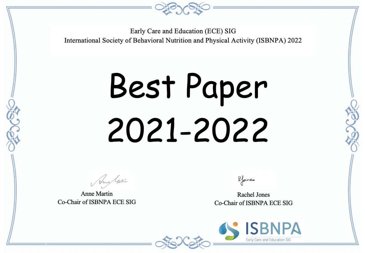Have you published a paper between May 2021 and May 2022 focusing on ECE physical activity or healthy eating? Submit it here to be considered for the ECE SIG ISBNPA best publication award:  forms.gle/8JGnrQXuwncmbg….