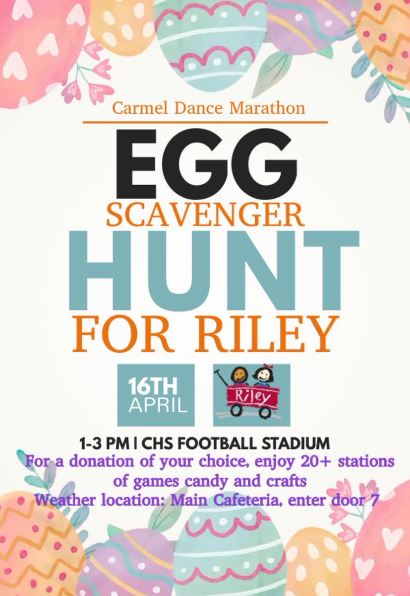 Join us Saturday from 1-3 at the CHS football stadium for our annual egg scavenger hunt! Over 20 stations of games, crafts, candy filled egg prizes &amp; fun all for a donation of your choice to Riley kids! We can’t wait to see you there!
