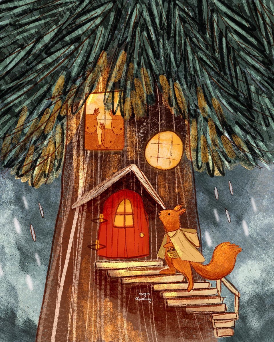 meganshumway's tweet photo. Cozy Rainy Window #codibear #AdobeLivePowerPrompts #kidlitart #illustration https://t.co/l294rdEFNw