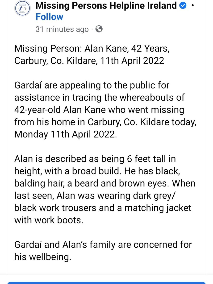 GAACarbury's tweet photo. Missing person: Alan  Kane
  
Anyone with information on Alan’s whereabouts is asked to contact Leixlip Garda Station on 046 955 3002, the Garda Confidential Line on 1800 666 111, or any Garda Station.

Alternatively, you can contact on 1800 442 552 #HelpBringThemHome https://t.co/DyNlSyZHn1