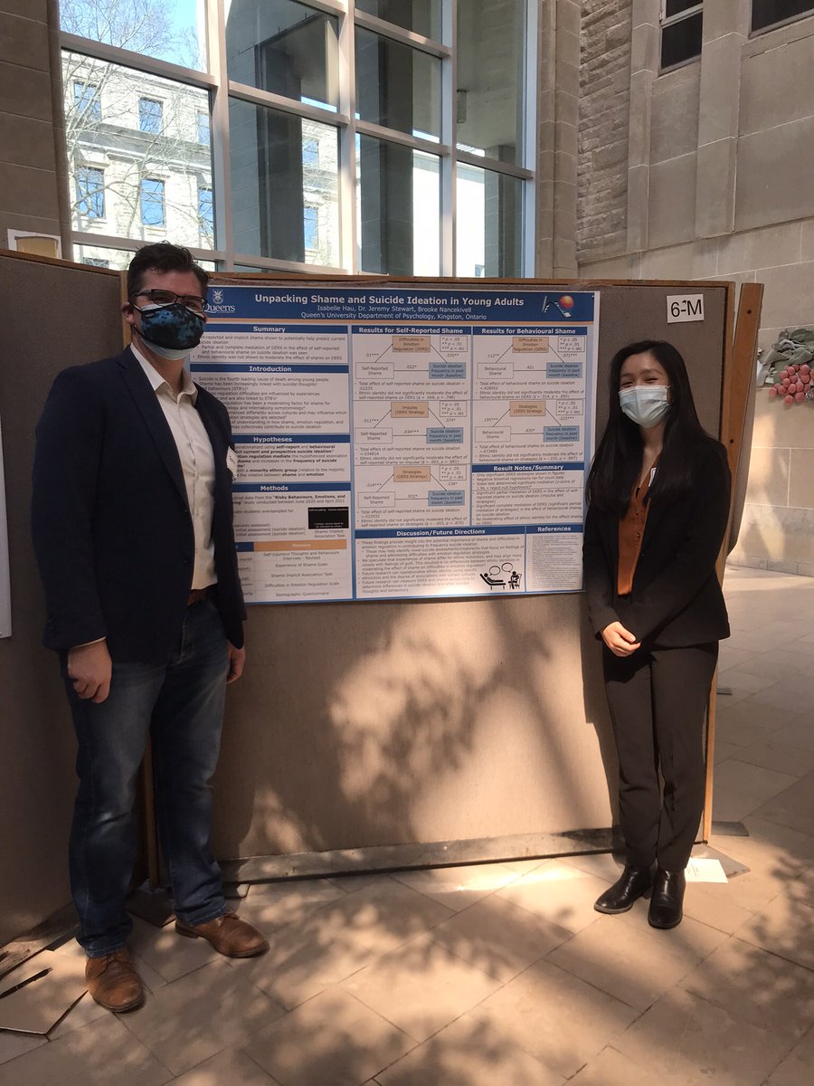 QuERBY Lab undergraduate student <a href="/HauIsabelle/">Isabelle Hau</a> presented her thesis entitled “Unpacking shame and suicide ideation in young adults” today.

Well done Isabelle!

(We’re shrouded in darkness, but I swear that that’s Isabelle and I with her poster 😂).

<a href="/QueensPsyc/">Queen's Psychology</a>