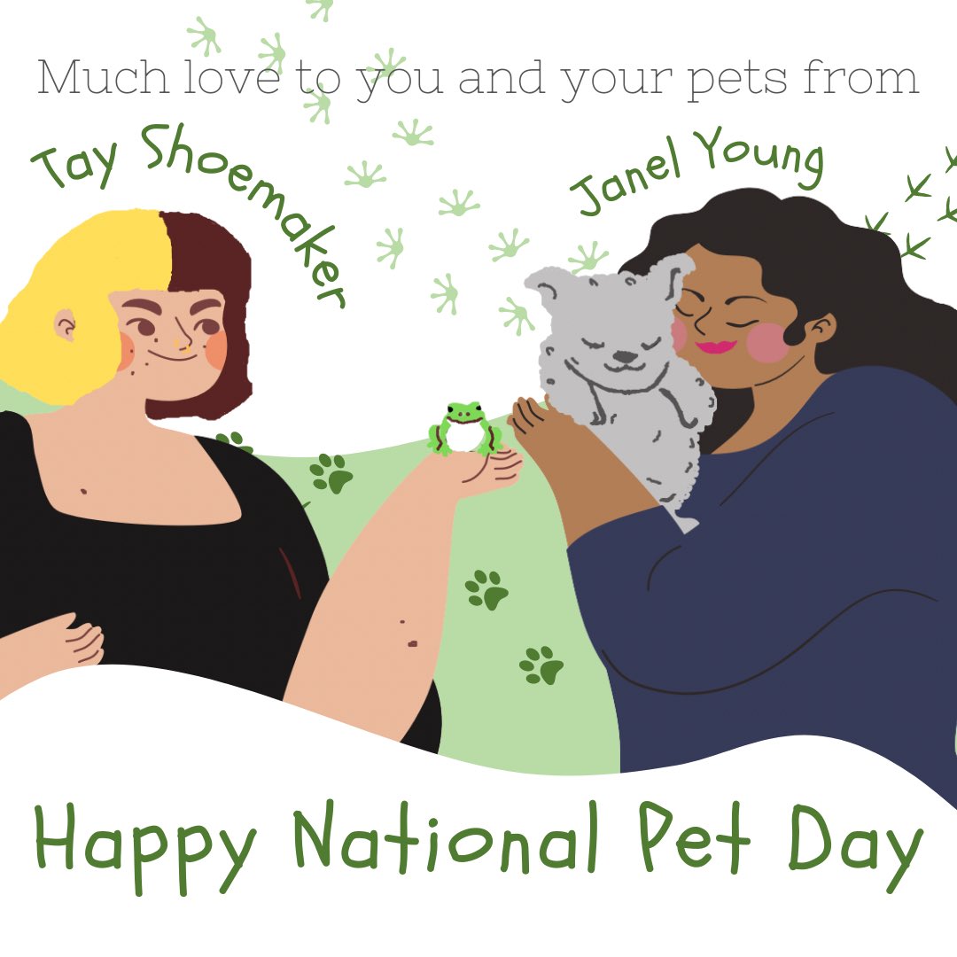 petownerdiary's tweet photo. Happy National Pet Day everyone! You all know we love and honor pets all day, everyday and today it’s your turn! Give your pets big hugs from Host Janel Young and Co-Host Tay Shoemaker! We are thankful for our pet children, Noah, Oliver, Angus, Rosie, and all 20 of the frogs 💚 https://t.co/apANWy5SgI