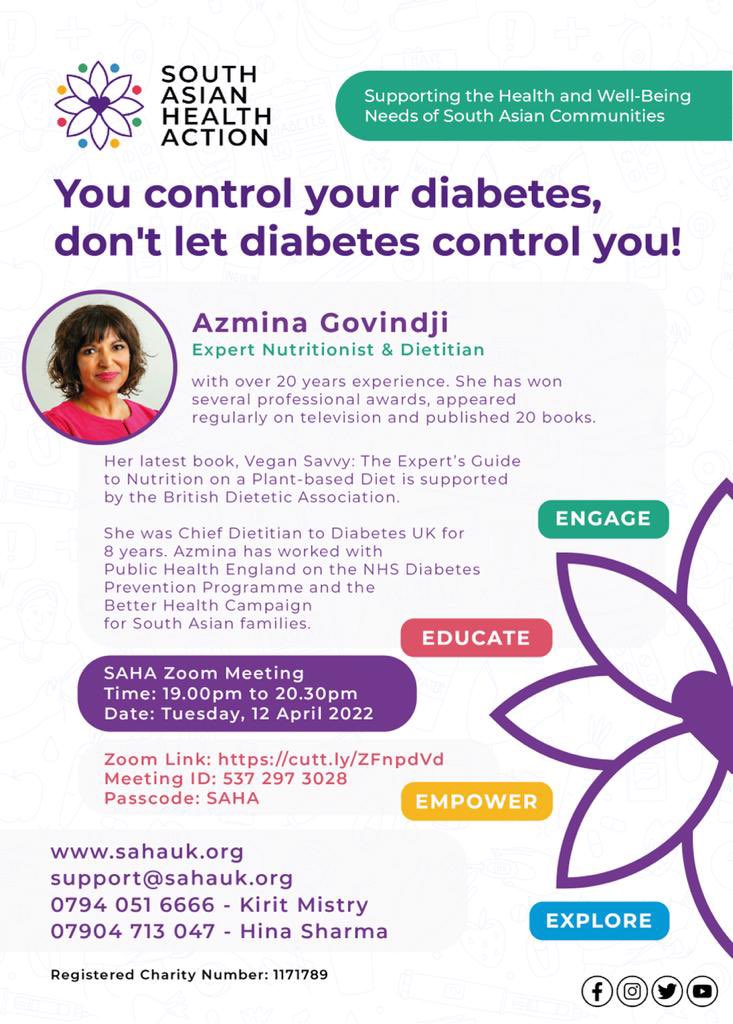 Join our #DiabetesConversations monthly meeting thank you to @AzminaNutrition for her kind support to be our key speaker to share her Top Tips on #ManagingDiabetes join us @NHSLeicester @west_lei_ccg @Leicester_CCD @AzharFarooqCh @LDC_tweets @DiabetesUK @NHSEngland @BolaOwolabi8