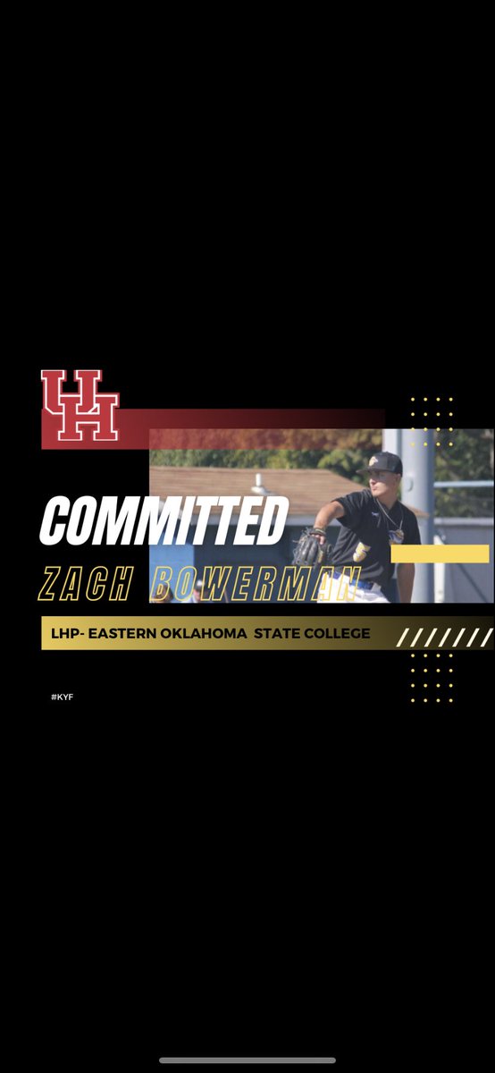BowermanZach's tweet photo. I am extremely grateful to announce my commitment to @UHCougarBB. I would like to thank God, my family, and @EOSC_Baseball for guiding me through this process. Go Cougars! #KYF https://t.co/dHQmPU6h28
