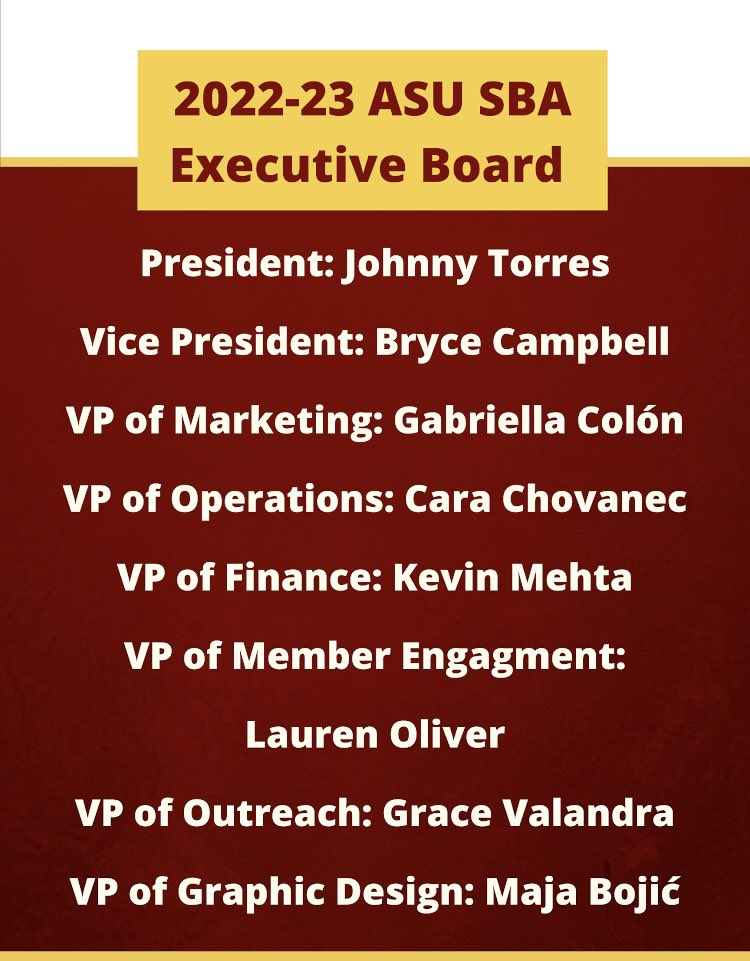 SBAatASU's tweet photo. Introducing your 2022-23 Executive Board! 

Thank you to everyone who ran and congratulations to our winners! 🎊🔱

It’s going to be an exciting year 👀 https://t.co/pUJHdJRMi3