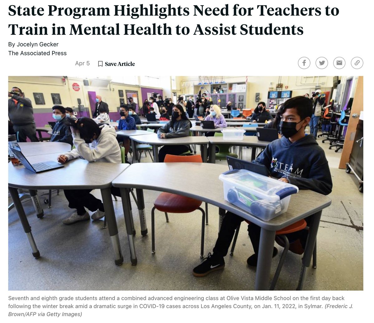 I totally understand the importance of the crisis this article highlights. We are living it. It also reminds me of Don Graves, who would say "Teachers are like 5 lb. bags into which people are always trying to stuff 10 lbs. of grain." Teachers' MH needs are also urgent now.