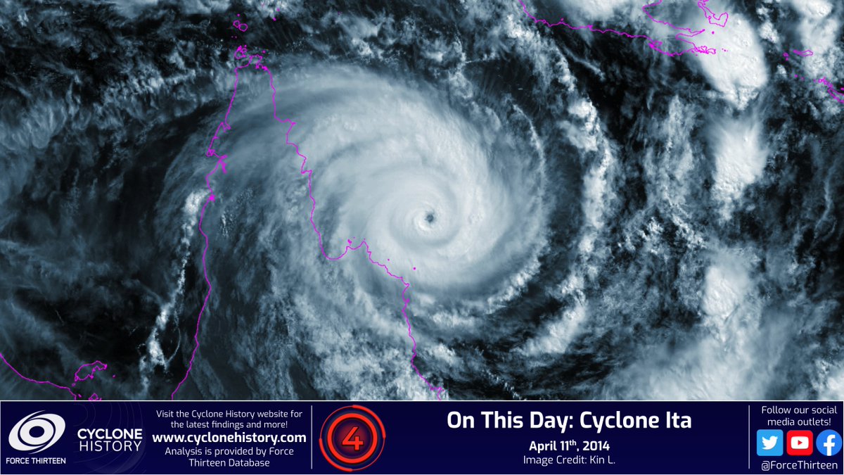 CycloneHistory's tweet photo. #OTD

In 2014, #CycloneITA would peak as a 155 mph Category 4 #cyclone as per unofficial F13 estimates.

The JTWC put Ita at Category 5, but regardless, Ita killed 40 people in the #SolomonIslands and $1 Billion USD in damages were accrued in #Australia.

Ita was retired. https://t.co/0IP10YDUPn