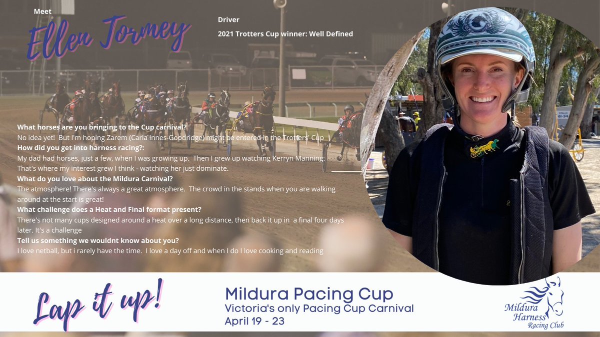 Victorian reinswoman Ellen Tormey won last year's Mildura Trotters' Cup with Well Defined - she'll be at the Cup this year...but can she win back-to-back trotters cups?  Mildura pacing cup carnival starts NEXT TUESDAY! milduraharness.org.au #mildurapacingcupcarnival
