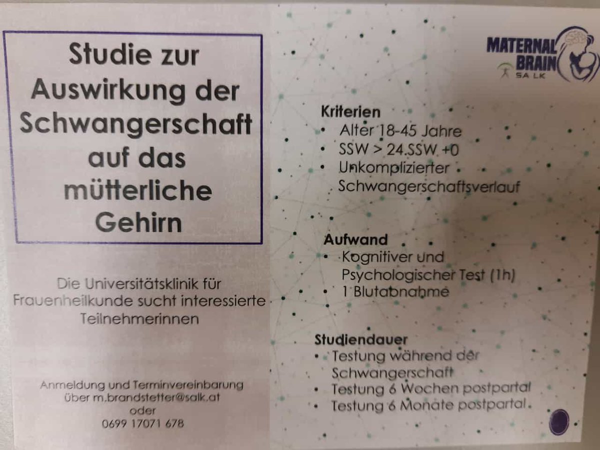 KHillerer's tweet photo. Still recruiting healthy pregnant women for our maternal brain study.🧠🤰🏼
Wanna know more about your cognition and mental health status during the peripartum period? Take your chance and be part of our study. 
#maternalbrain #gynaecologysalzburg https://t.co/r1xIE27jCy