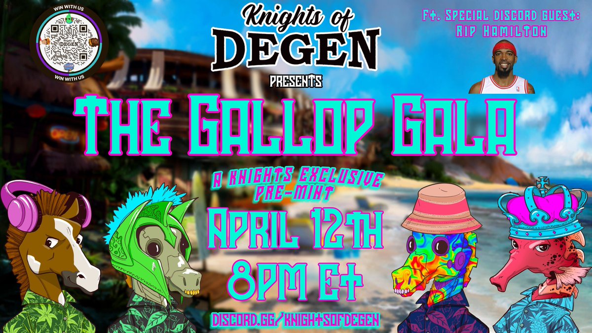 Knight fam, you're invited to the Gallop Gala 🔥

Come party with us in Discord tomorrow night with special guest (and newly Knighted) <a href="/RipHamilton32/">Rip Hamilton</a>, as we celebrate the launch of our Steedz mint and opening knight of the NBA playoffs.

24 hours to go 🐎

discord.gg/knightsofdegen