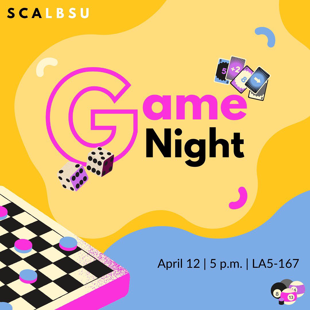 scalbsu's tweet photo. Take a break from schoolwork and join us for a night of games! ๐พ Come and hang out with us tomorrow at 5 p.m in LA5-167. โก๏ธ See you all there! ๐ฅณ
#scalbsu #commcsulb #csulb #csulbcomm #gamenight https://t.co/WUGbpgKs4r