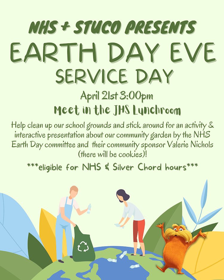 NHS & STUCO are joining together to host a service day on the Thursday before Earth day, April 21st. Meet in the JHS cafeteria at 3:00pm to participate in a cleanup, interactive presentation, eat cookies and earn NHS/silver cord hours!! Bring your friends for lots of fun!🌍🌱🌞