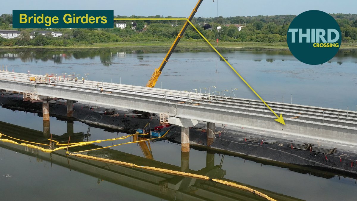 cityofkingston's tweet photo. Learn the lingo behind the #ThirdCrossing! Bridge girders: Horizontal concrete beams, the ends of which rest on the bridge piers and provide support for the bridge deck. The concrete girders for the Third Crossing are nearly 50 metres in length and weigh over 85 metric tonnes! https://t.co/D3RgRcYOC4