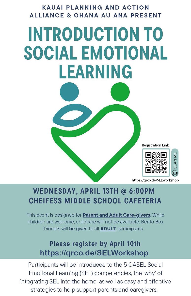 There is a free Social Emotional Learning (SEL) workshop happening at our school this Wednesday!  Sign up using the QR code on the graphic.