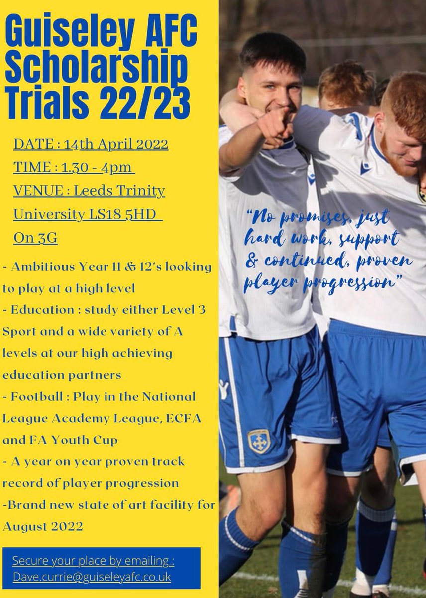 GuiseleyAFC's tweet photo. 🦁 | Could you be the next @GuiseleyAcademy graduate?

Scholarship trials are taking place on Thursday at Leeds Trinity University, just email dave.currie@guiseleyafc.co.uk to secure your place. 

#GAFC #GuiseleyTogether https://t.co/WLf4negXvN