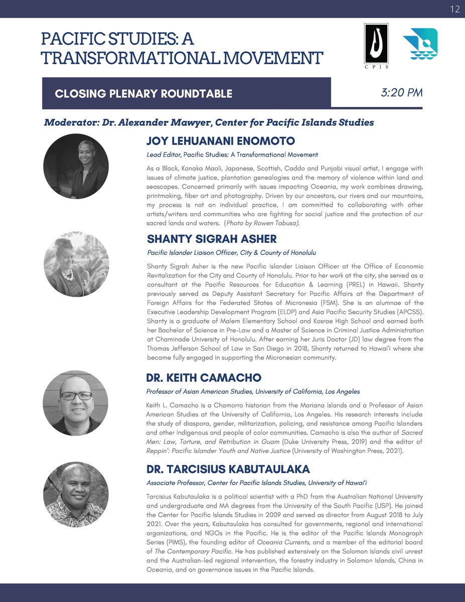 Mahalo to our closing plenary roundtable speakers beginning at 3:20pm HST!  What amazing presentations weʻve had so far!  Mahalo to all our student researchers and presenters.

Closing Plenary Roundtable:
 - Joy Enomoto
 - Shanty Sigrah Asher
 - Keith Camacho
 - Tara Kabutaulaka