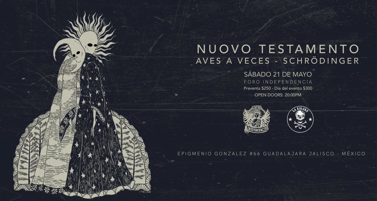 avesaveces's tweet photo. Próximo 21 de mayo se viene un gran evento con Nuovo Testamento y Schrödinger presentado por @LaKalakaBar en @foindependencia
 
Toda la info en el evento de FB: https://t.co/gXKcwITLQU

#AvesAVeces https://t.co/xOXAO2LXzi