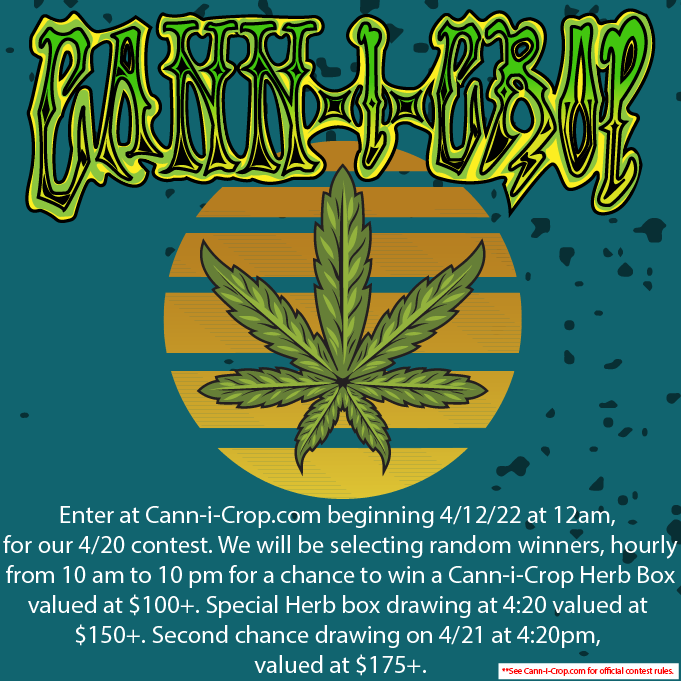 CanniCrop's tweet photo. Enter the Cann-i-Crop™ 4/20 contest. We are giving away multiple prizes throughout the day on 4/20, with a second chance drawing to be held on 4/21. Entries will be accepted through https://t.co/fPmTZBxSBh from 4/12 12am through 4/20 11:59 pm EST.
     #cannicrop #growyourown https://t.co/nYJHCPBZFE