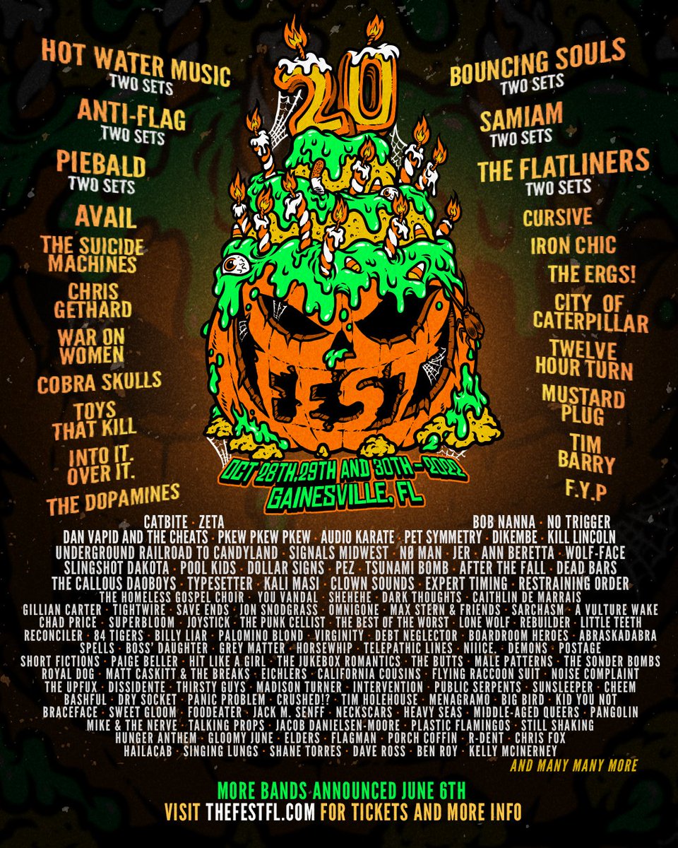 thefestfl's tweet photo. FEST 20!! We made it 20 years and are so excited to share the first band announcement! Head to https://t.co/5QcTEinWxR for full details and take in the first half of the bands scheduled to play! Passes and hotels go on sale 4/20 at NOON EST! So set your alarms and get stoked! https://t.co/ovt7kGuKiY