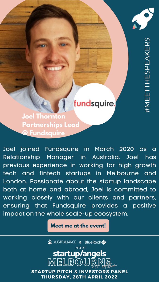 #Meetthespeakers 
Meet Joel Thornton from Fundsquire 
We would love for you all to meet and get to know the speakers at our S/A #Pitch &amp; Investors #panel event in Melbourne
🚀 Booked your spot yet? Book your tickets NOW >> events.humanitix.com/startup-and-an…