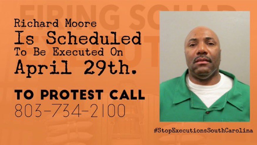 jettica65's tweet photo. #RichardMoore is scheduled for execution on April 29th. Join us in protesting this State Sanctioned Murder! Let the Governor @henrymcmaster & all the elected representatives in #SouthCarolina know…There is no justice in the #DeathPenalty…it’s just murder! https://t.co/dTws8CgGv8