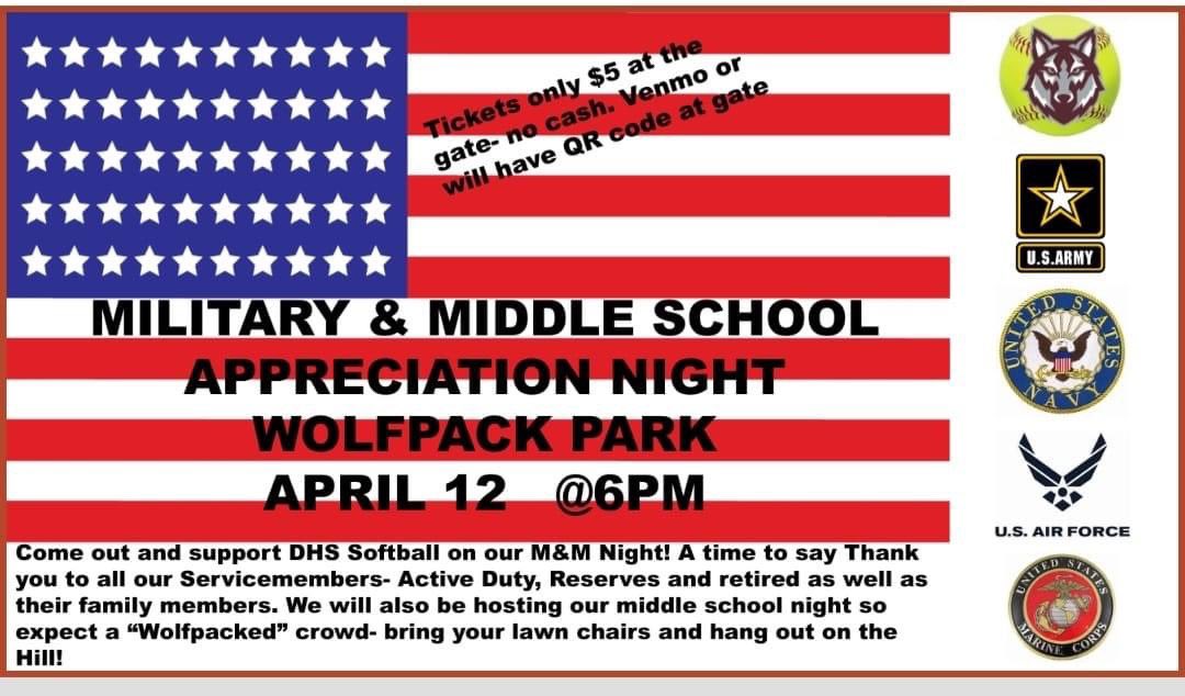 Davenport Softball (@davenport_sb) on Twitter photo Busy week for softball! Up first, Military and Middle School Night tomorrow vs Bandera. We will be welcoming all veterans on the field for recognition! See ya there 🐺
<a href="/LCifreo09/">Linzey Bowers</a> <a href="/SamiSpringfield/">Sami Springfield</a>
<a href="/BuildThePack/">BuildThePack</a>
<a href="/DMSGirlsAth/">DanvilleMSGirlsAthletics</a> Busy week for softball! Up first, Military and Middle School Night tomorrow vs Bandera. We will be welcoming all veterans on the field for recognition! See ya there 🐺
<a href="/LCifreo09/">Linzey Bowers</a> <a href="/SamiSpringfield/">Sami Springfield</a>
<a href="/BuildThePack/">BuildThePack</a>
<a href="/DMSGirlsAth/">DanvilleMSGirlsAthletics</a>