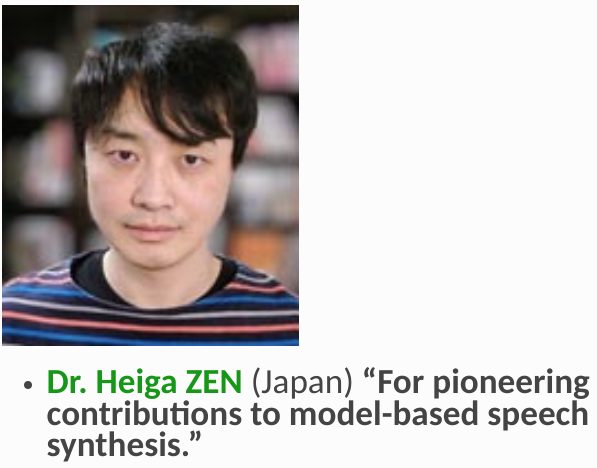 heiga_zen's tweet photo. I've been elected as a fellow of the International #Speech Communication Association (#ISCA).  

Huge thanks to my colleagues &amp; collaborators who have taught me so much &amp; #Google which has given me opportunities to work on real-world problems.

https://t.co/rxvKMTJnXp https://t.co/hpa7RoiuyH