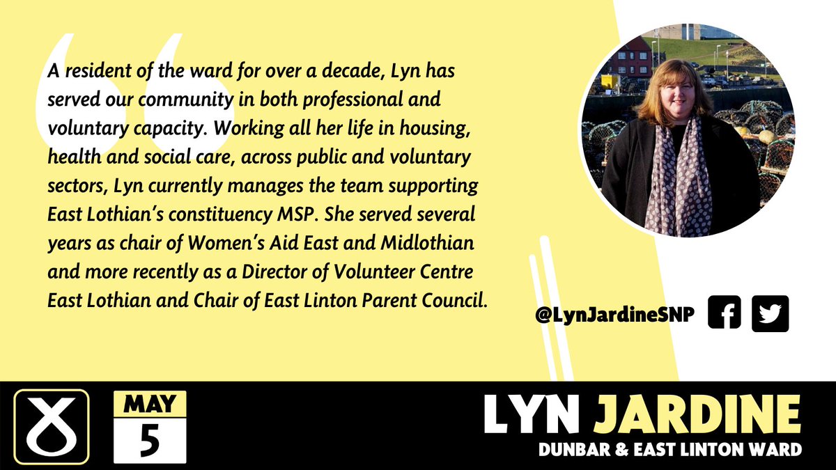 EastLothianSNP's tweet photo. 🗳 Meet our candidate for Dunbar &amp; East Linton, Lyn Jardine! Here's why she'd make a great councillor if elected on 5th May👇

To see what Lyn &amp; our other candidates hope to achieve if elected, see our manifesto: https://t.co/Sj8sHEEYEH

📱 Follow her at @LynJardineSNP #Council22 https://t.co/Ai4JN3XWNC