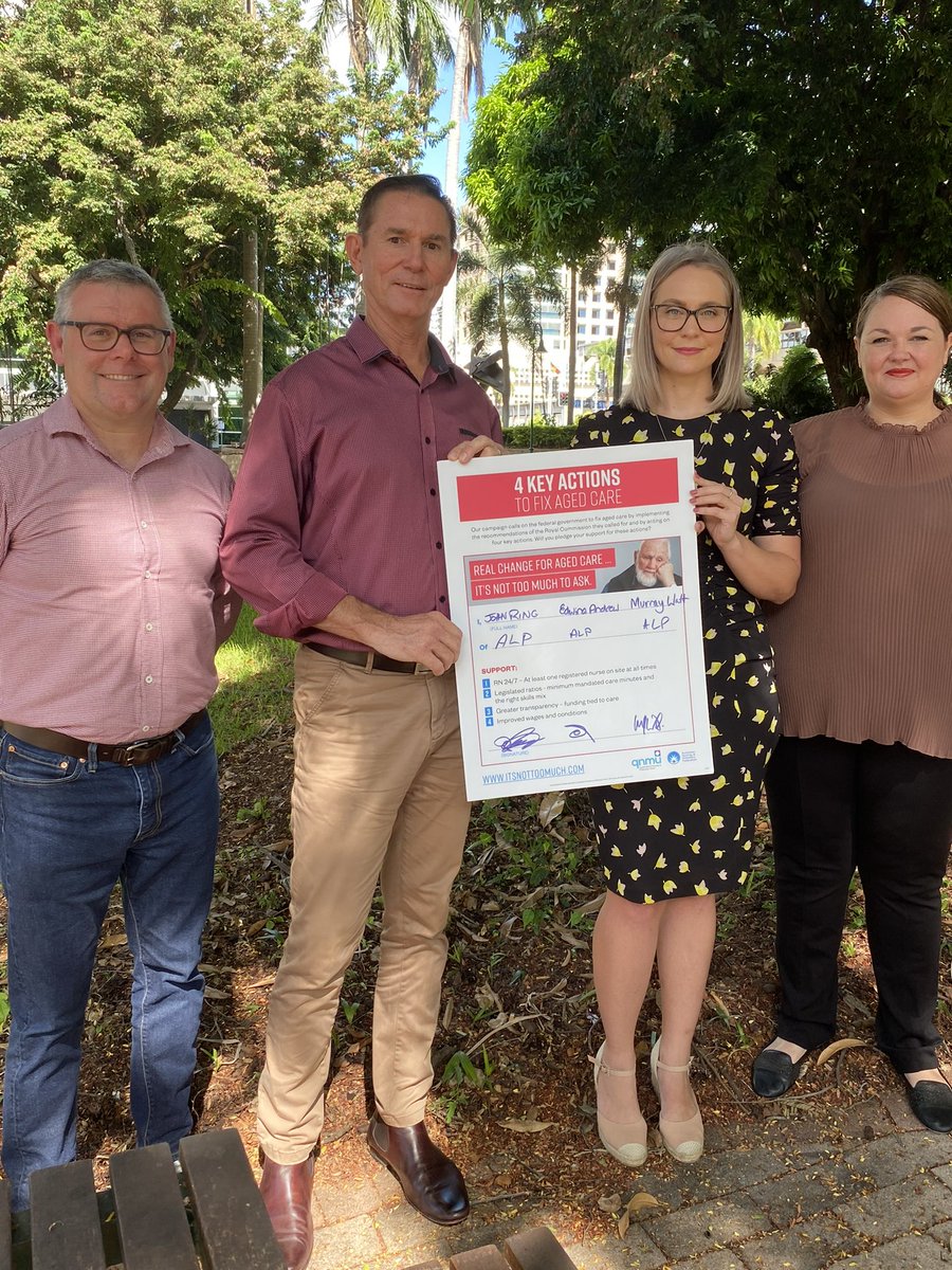 MurrayWatt's tweet photo. Only Labor will fix the aged care crisis in Nth Qld, after a decade of LNP rule. Pleased to join Herbert and Senate candidates John Ring &amp; @EdwinaAndrew2 to sign @qnmuofficial pledge today. https://t.co/6CDMTcTuco