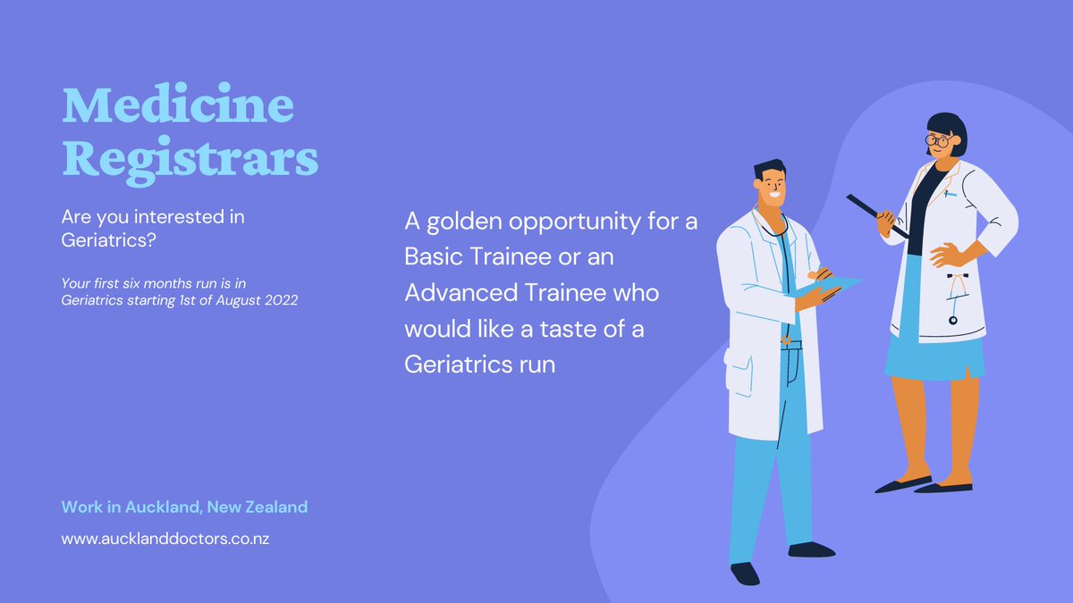 #medicine REGISTRARS – #geriatrics run

Get the taste of Geriatrics in the training year 2022 

Are you keen on working in #Auckland?

Visit the link below 

bit.ly/3KAk0V8

Share the post with your contacts.