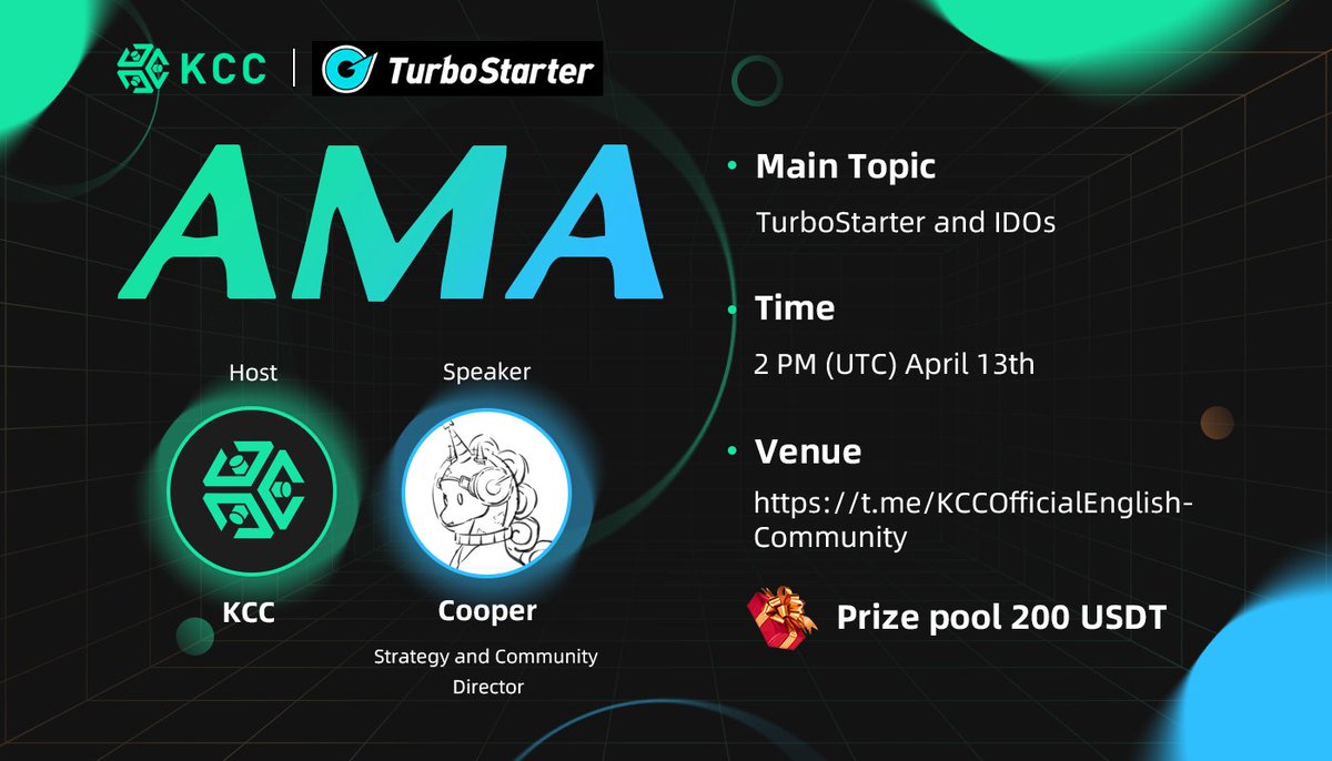 KuCoin Community Chain (KCC) Official (@kccofficialtw) on Twitter photo 🎉#KCC AMA Series🎉
🎁$200 USDT Giveaway🔥
1⃣ Follow <a href="/Turbo_starter/">Turbo Starter</a> & <a href="/KCCOfficialTW/">KuCoin Community Chain (KCC) Official</a>
2⃣ Like, RT, Tag 3 friends
3⃣ Join t.me/KCCOfficialEng…
💸5 winners from Twitter
💰5 winners picked during AMA for asking good questions
#KCCUnicorn #AMA #Giveaways 🎉#KCC AMA Series🎉
🎁$200 USDT Giveaway🔥
1⃣ Follow <a href="/Turbo_starter/">Turbo Starter</a> & <a href="/KCCOfficialTW/">KuCoin Community Chain (KCC) Official</a>
2⃣ Like, RT, Tag 3 friends
3⃣ Join t.me/KCCOfficialEng…
💸5 winners from Twitter
💰5 winners picked during AMA for asking good questions
#KCCUnicorn #AMA #Giveaways