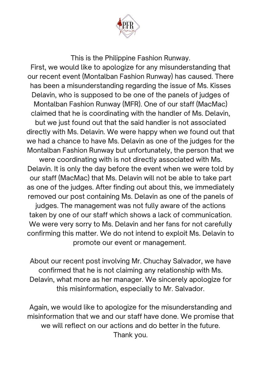 TEAM KISSES OFFICIAL 💋 (@teamkissesofc) on Twitter photo Team Kisses Official accepts and acknowledges the apology made by Philippine Fashion Runway to Kisses Delavin and all those who have been affected by this incident. We hope to move forward from this event.
<a href="/KissesDelavin/">Kisses Delavin</a>
#KissesDelavin
-Siblings Team Kisses Official accepts and acknowledges the apology made by Philippine Fashion Runway to Kisses Delavin and all those who have been affected by this incident. We hope to move forward from this event.
<a href="/KissesDelavin/">Kisses Delavin</a>
#KissesDelavin
-Siblings