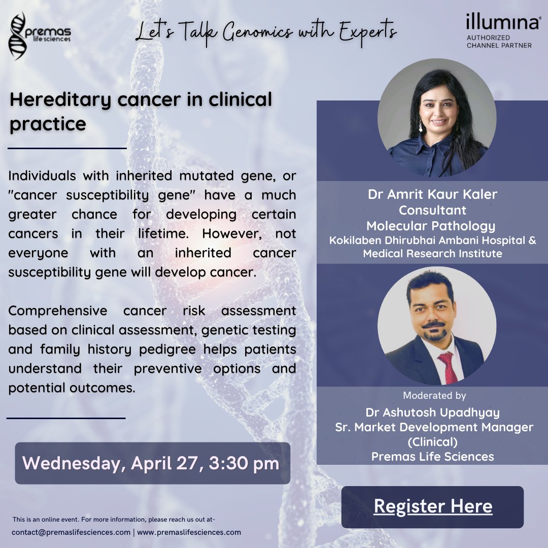 PremasLifeSc's tweet photo. Join us as we host @AmritkaurKaler Consultant, Molecular Pathology at @KDAHMumbai and discuss all about #cancer, #mutations and #genes. Bring in your #questions to be answered #live during the #qna session.
𝗔𝗽𝗿𝗶𝗹 𝟮𝟳 | 𝟯:𝟯𝟬 𝗽𝗺
Register here - https://t.co/ifjdb8Oc5D https://t.co/v94ei7yqom