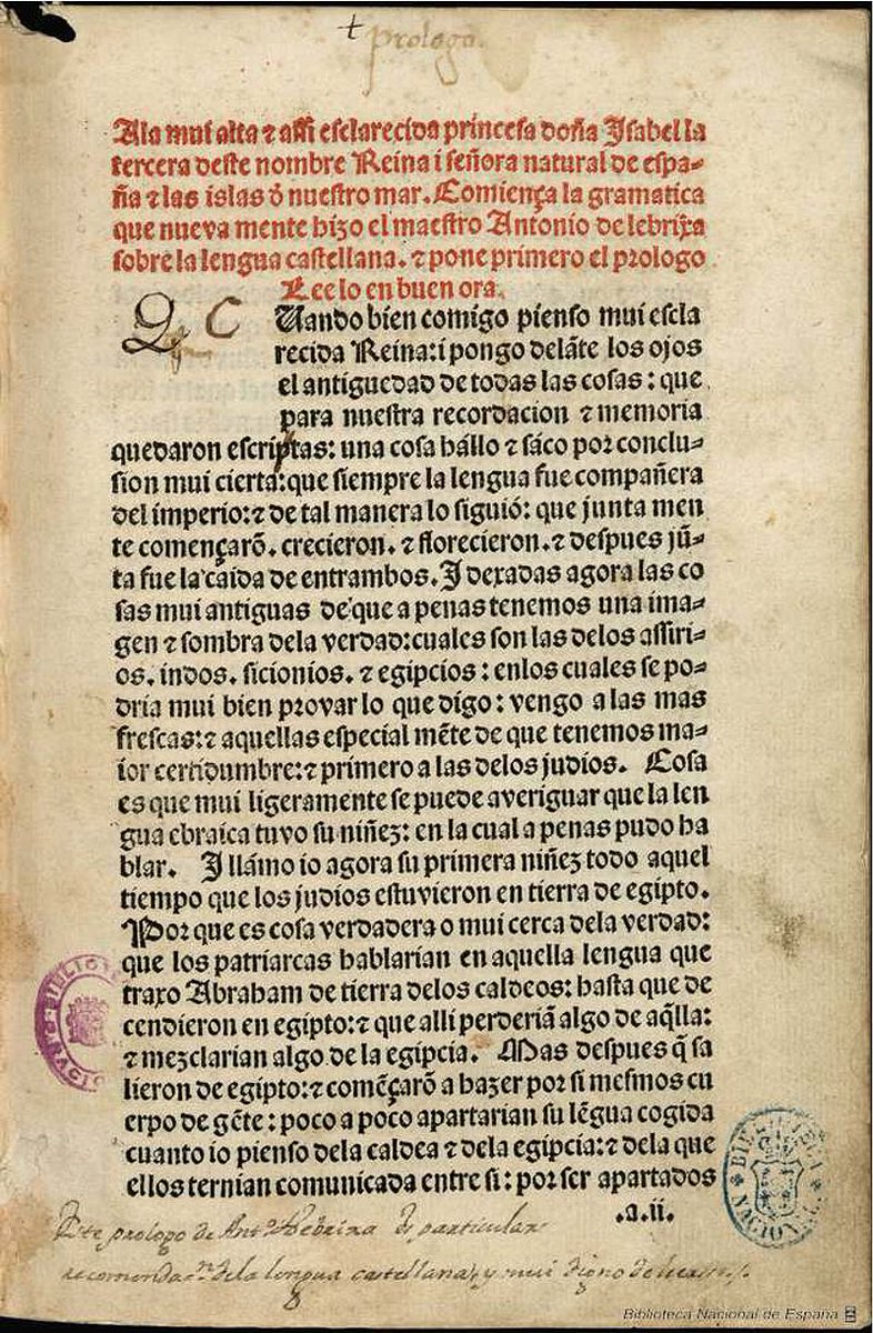 Happy #SpanishLanguageDay!

Let’s celebrate by remembering Antonio de Nebrija (1444-1522), humanist scholar, lexicographer, and the author of 'Gramática de la lengua castellana' (1492). Politically influential book and one of the first grammars of a European vernacular.

#Histlx