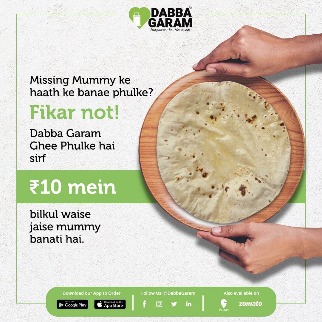 dabba_garam's tweet photo. Dabba Garam Ghee Phulke hai sirf ₹10 mein- bilkul waise jaise mummy banati hai.  Order from Dabba Garam App! 

#DabbaGaram #Discount #Offers #Roti #Phulka #GheePhulka #Thane #Mumbai #NewMumbai #GoodFood #ByeByeBelan https://t.co/XtPvbPuYle