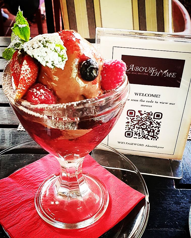 What do we do when we want a dessert... we stop by About Thyme !👌😋
Irresistible desserts waiting for you with something for everyone including our 'Vegan Berry Brownie Sundae' Special with chocolate brownie bits, chocolate &amp; berry sorbet, berry sauce and fresh berries.