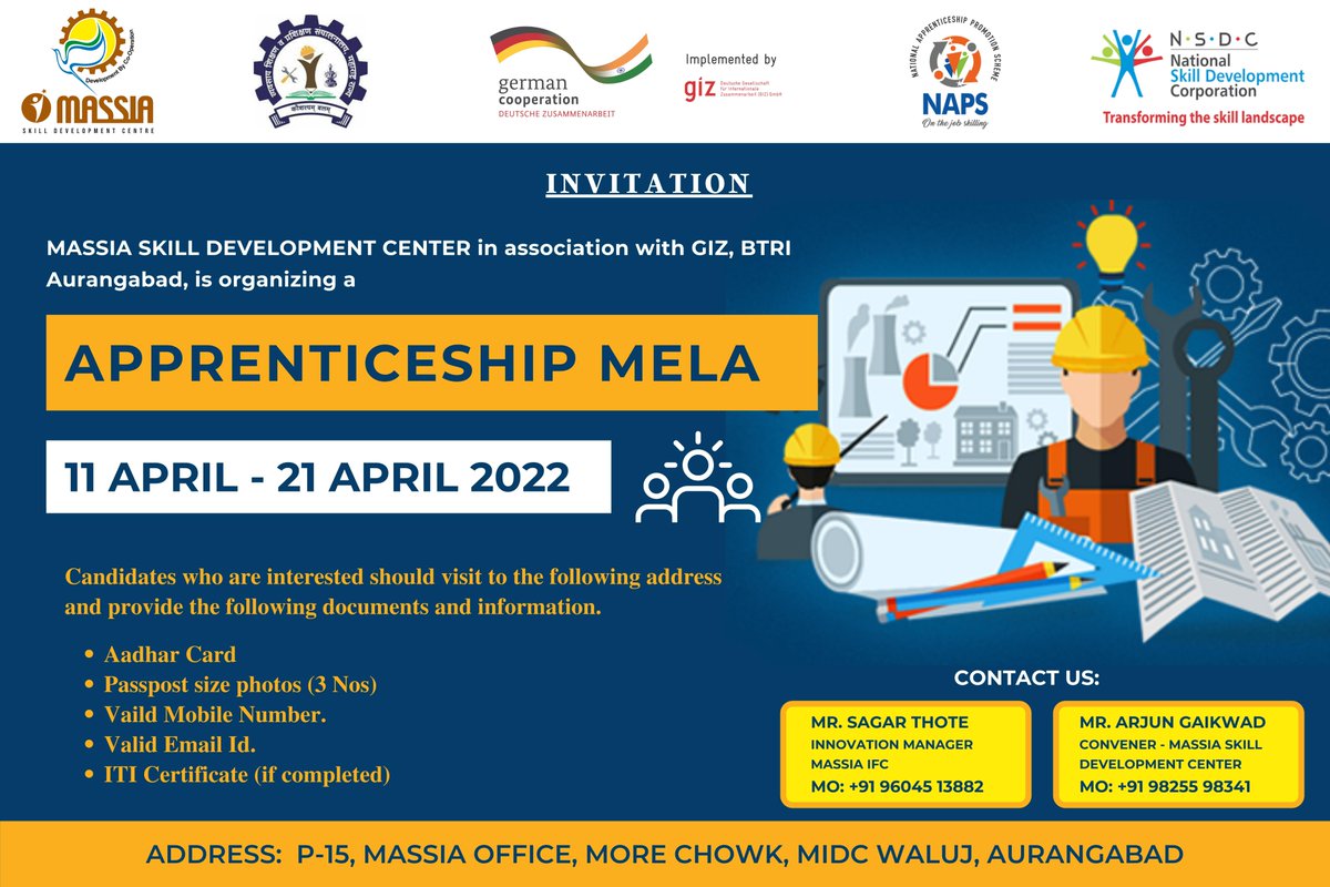 MASSIA IFC (@massiaifc) on Twitter photo The #MASSIA SKILL DEVELOPMENT CENTER <a href="/Massiaifc/">MASSIA IFC</a> , in collaboration with #GIZ, #BTRI #Aurangabad, is hosting an #ApprenticeshipMela from #April 11 to April 21, 2022
For #apprenticeship #opportunity visit #MASSIA Office Waluj.
#ITI #jobs #skills #youth #MSME #SME #Engineering The #MASSIA SKILL DEVELOPMENT CENTER <a href="/Massiaifc/">MASSIA IFC</a> , in collaboration with #GIZ, #BTRI #Aurangabad, is hosting an #ApprenticeshipMela from #April 11 to April 21, 2022
For #apprenticeship #opportunity visit #MASSIA Office Waluj.
#ITI #jobs #skills #youth #MSME #SME #Engineering