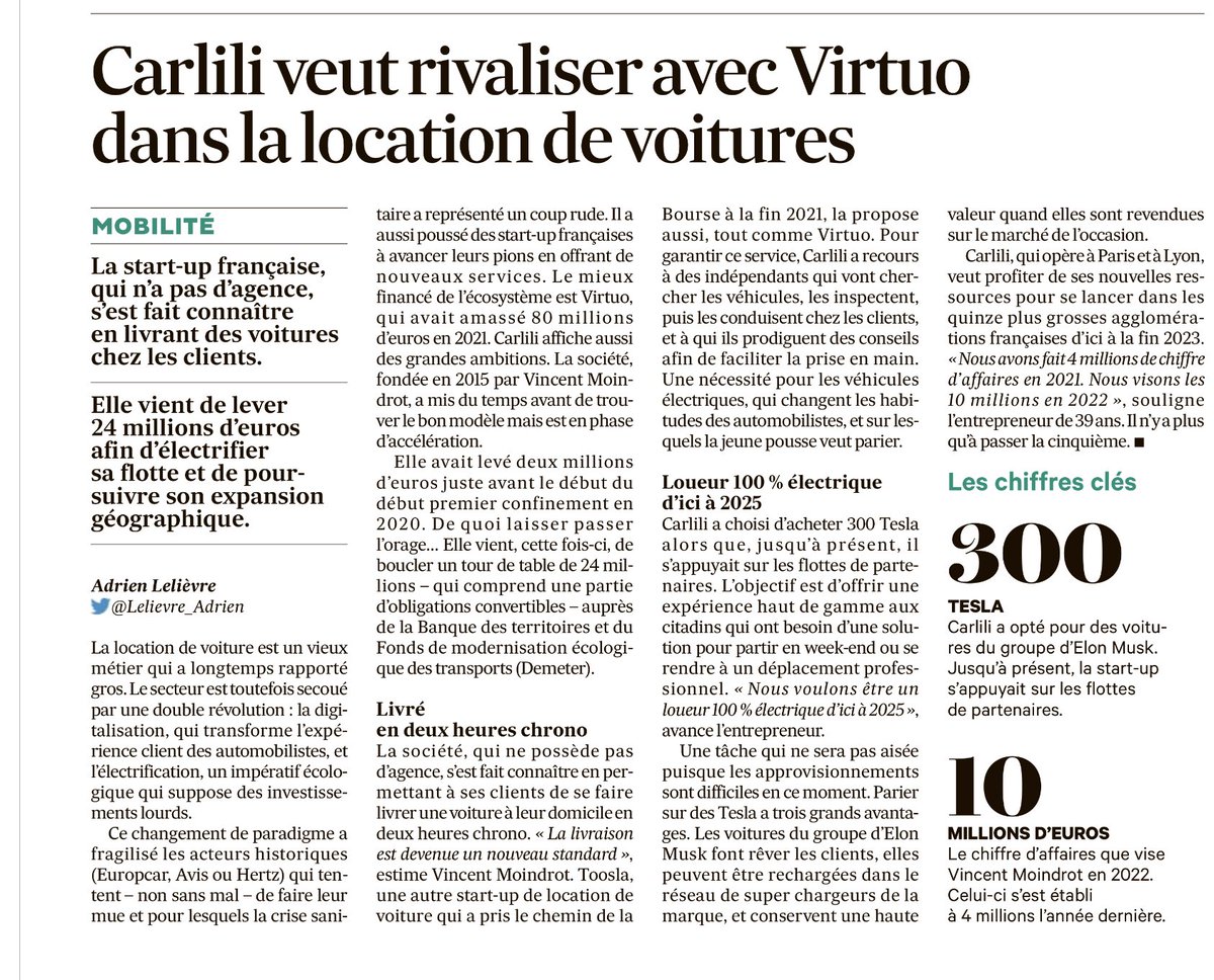 Levée de 24M€ pour Carlili pour offrir un parc de 300 Tesla : bravo ⁦<a href="/Vincent_M/">Vincent Moindrot</a>⁩, heureux et fier d’être de l’aventure depuis quasiment le tout début, you rock ! (Via ⁦<a href="/LesEchos/">Les Echos</a>⁩)