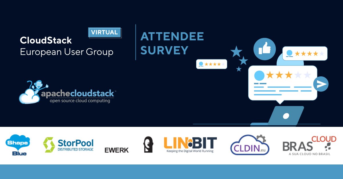CloudStack's tweet photo. Have you been part of the #CSEUGvirtual last week?
Taka e minute to fill in our short event survey! Help us organise even better events and deliver the highest quality to you.
➡️ Fill in the survey: https://t.co/c7MHi49dzb
#CloudStack #virtualevent #ASF #Apache #opensource https://t.co/7L6QmTAXcd