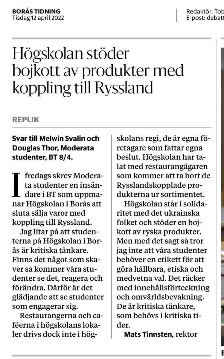 Högskolan i Borås säkerställer att restaurangen på campus inte säljer varor från rysslandstödjande företag efter krav från <a href="/moderatstudent/">Moderata Studenter</a>! 👏🏼