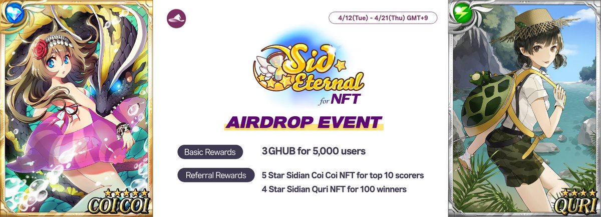 🎉 Airdrop Event is now open! 🎉
#SidEternal #GemHUB #Zattera

Complete missions, Get GHUB💎 &amp; Sidian NFT 🎁 !

To Join: Sid Eternal AirDrop Event - bit.ly/3xpnXIm

For more details, 👇Click Here👇
link.medium.com/7eM3LRxW9ob
