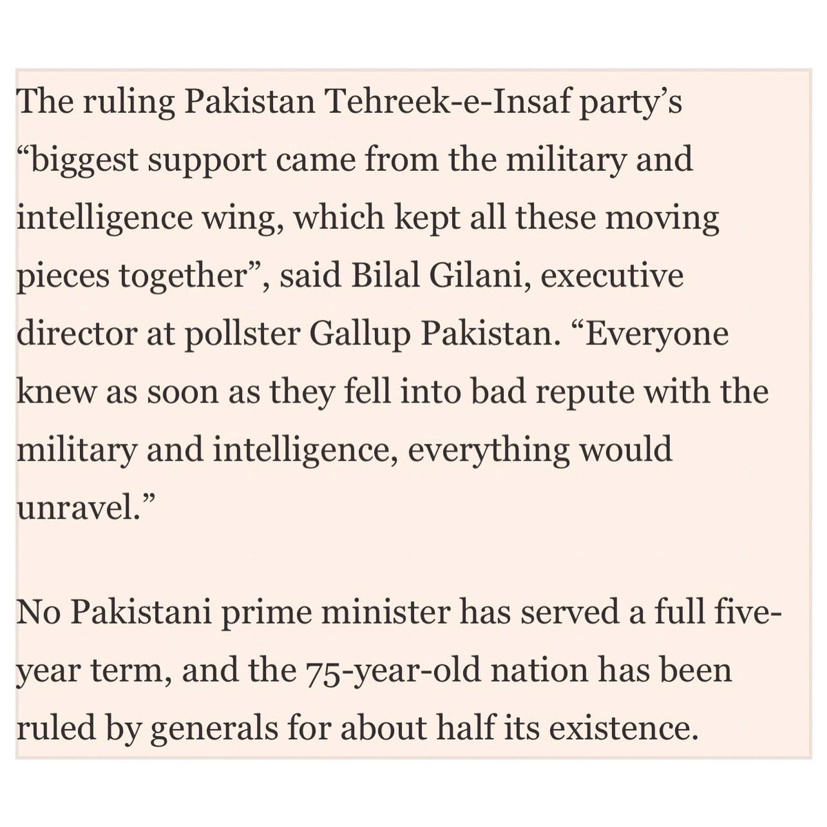 Notwithstanding, IK’s international conspiracy theory influential international media outlets/Pakistani opinion makers believe Establishment was behind a thinly veiled regime change mechanism called “Vote of No Confidence”. Quotes in New York Times and FT offer great examples