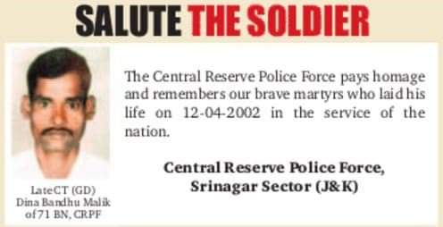 priority_n's tweet photo. Join me in paying Homage to

CT/GD DINA BANDHU MALIK
#71BN @crpfindia 
on his Balidan Diwas today.

#LestWeForgetIndia 20 years ago
He has sacrificed himself while serving the Nation on April 12, 2002.

#KnowYourHeroes 
@crpf_srinagar https://t.co/nqQOhKwpDq