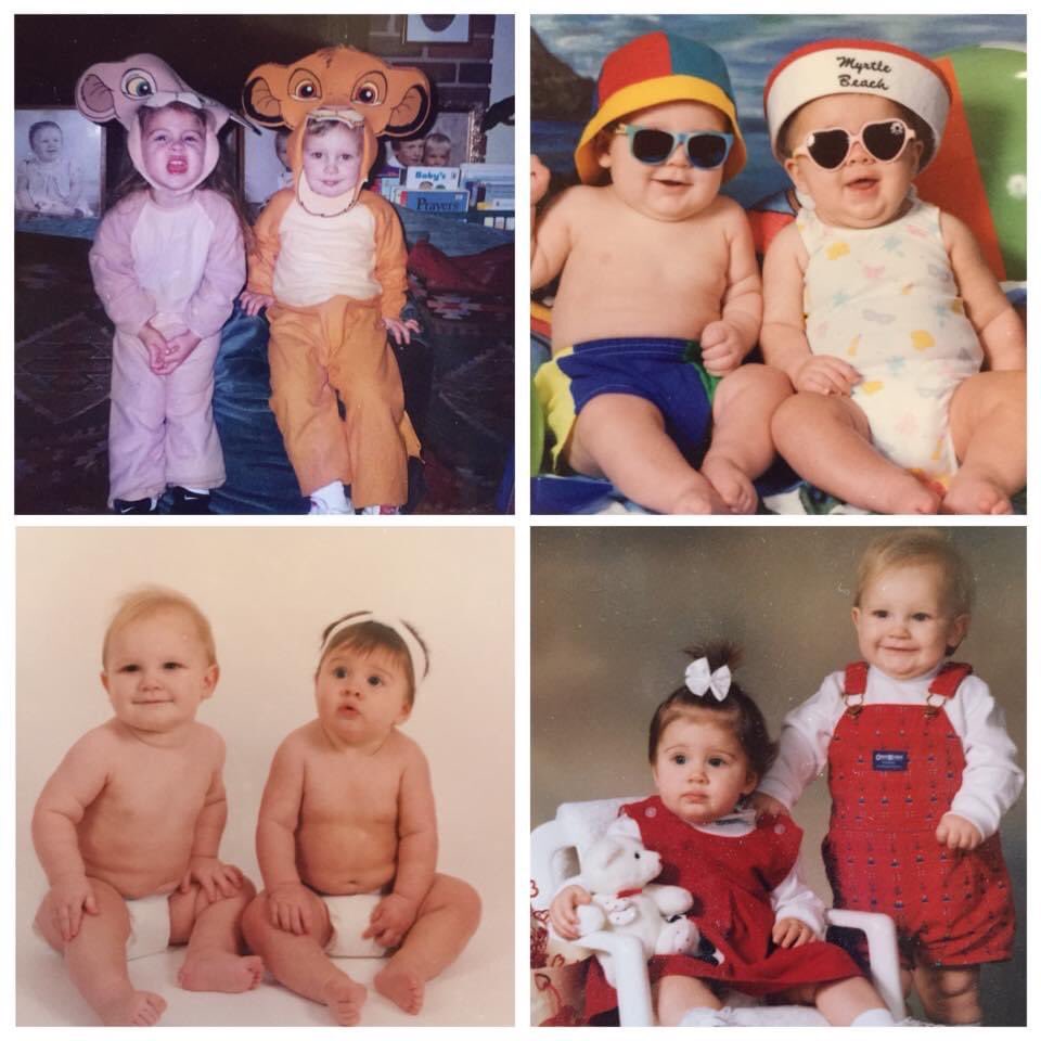 My cousin and I were born on the same day at the same hospital, 21 minutes apart! Our parents had fun taking pictures of us growing up (look at me rocking the Myrtle Beach hat in the top right corner pic) 😃